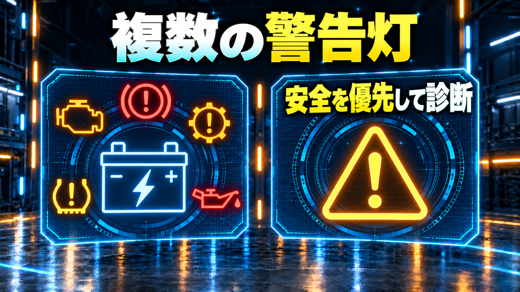 複数の警告灯が点灯した時の安全確認と診断を示す一般概念図
