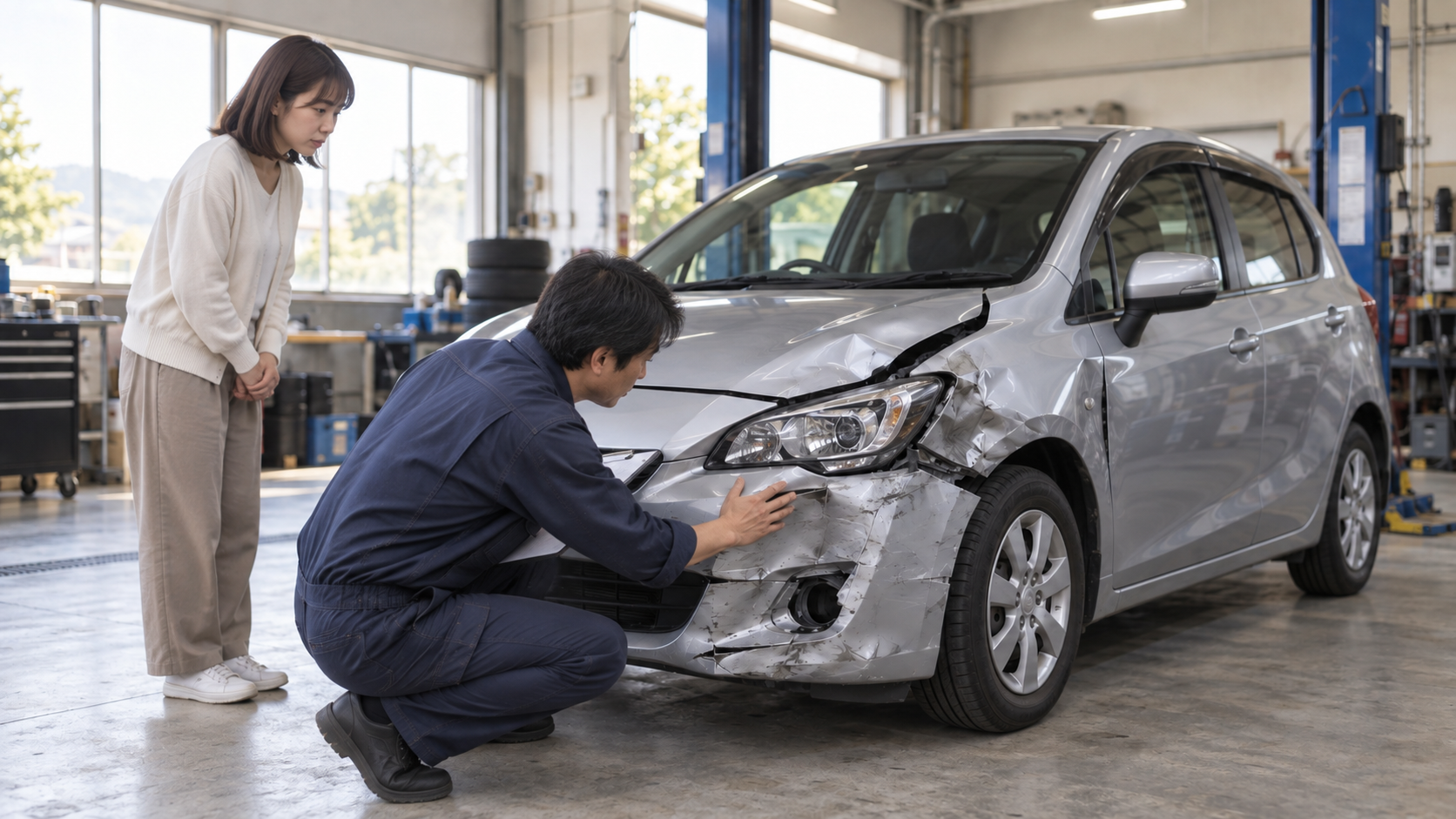 修理前の損傷した車を担当者が点検し、所有者が立ち会うAI生成のイメージ画像