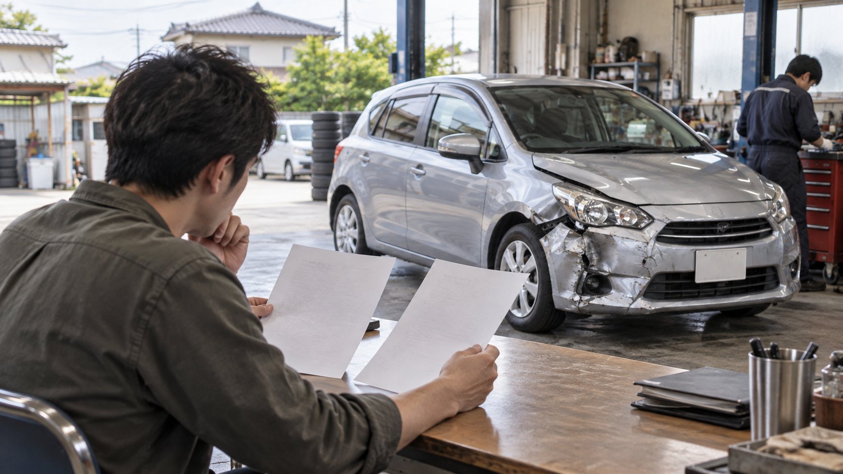 車の所有者が損傷車と複数の見積もりを見比べているAI生成のイメージ画像