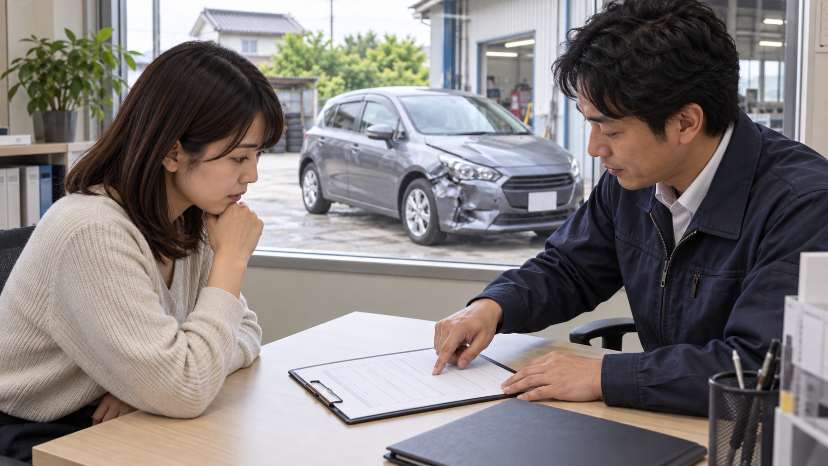 車の所有者が担当者と売買契約書の内容を確認するAI生成のイメージ画像