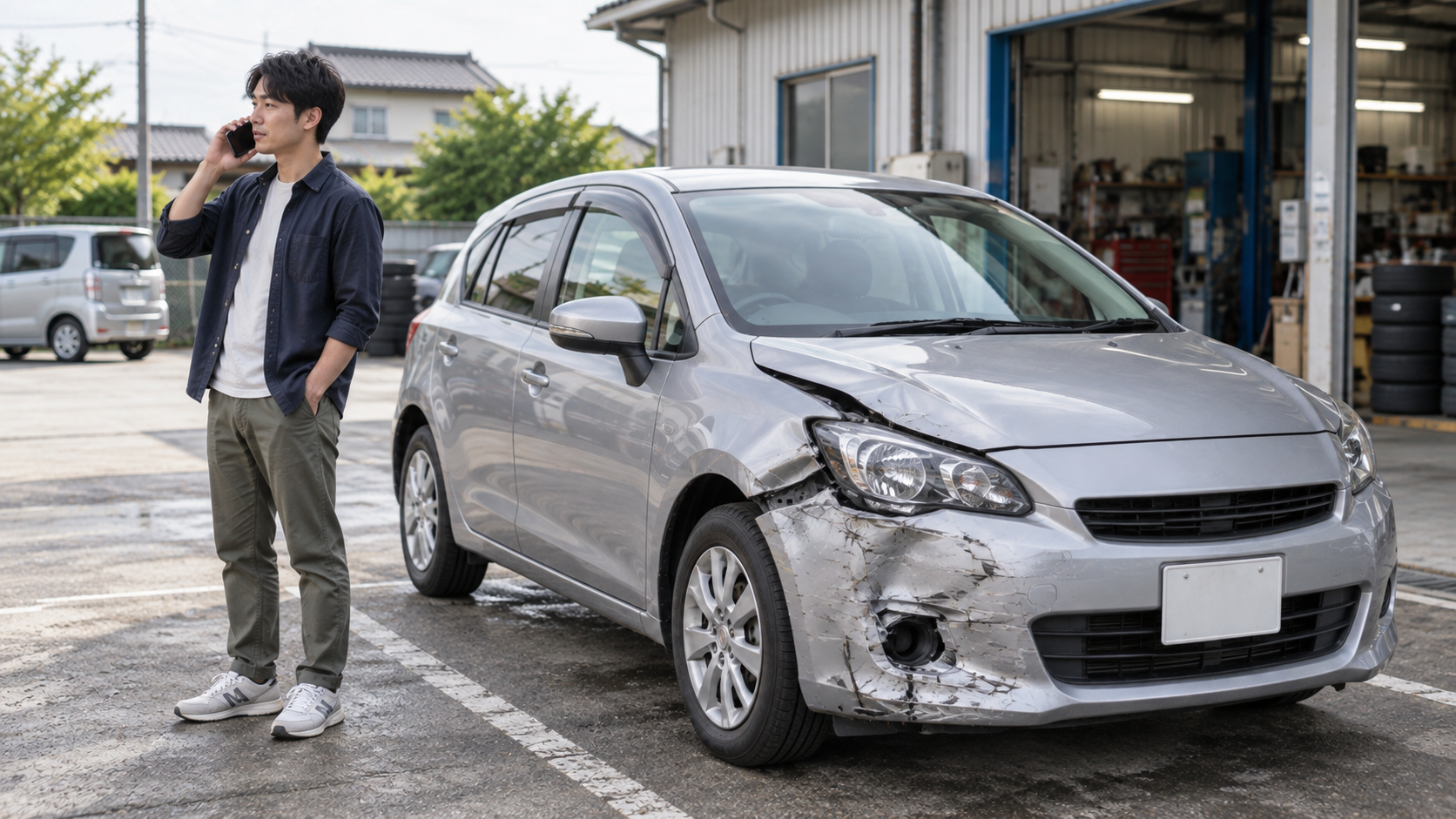 事故後、安全な場所で損傷した車のそばから保険会社へ連絡する場面を描いたAI生成のイメージ画像