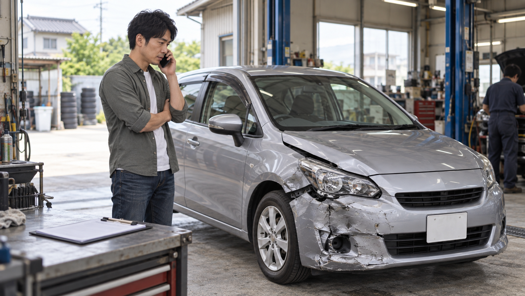 損傷した車のそばで保険会社に電話し、対応を確認する場面のAI生成イメージ画像