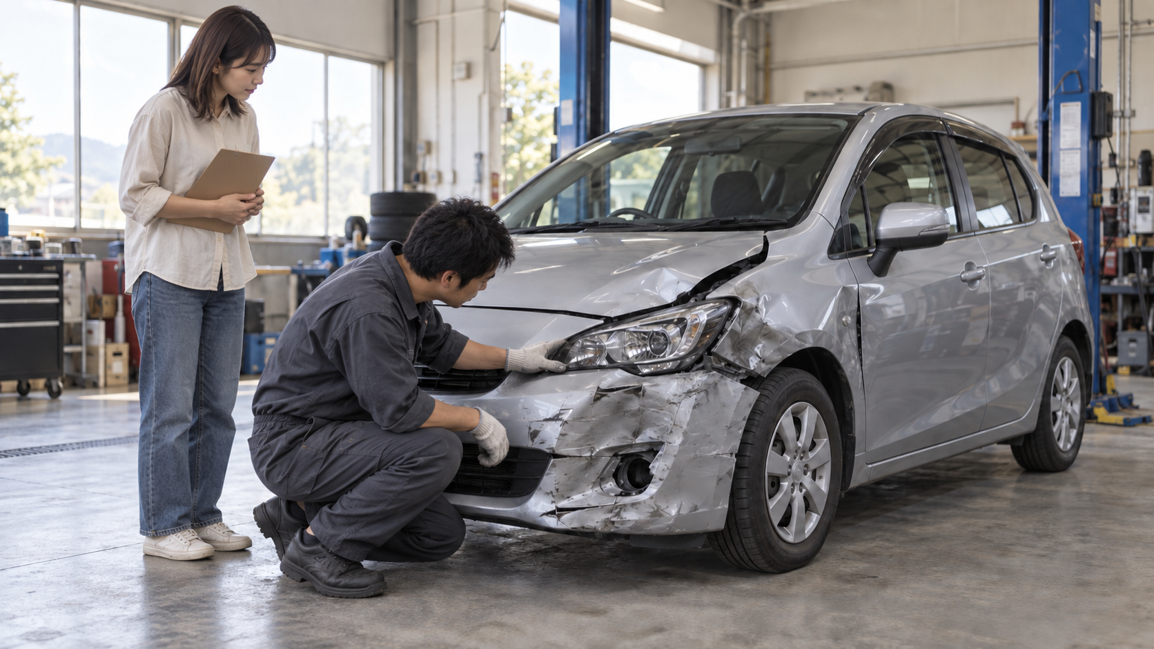 修理工が損傷した車を点検し、所有者が見積もりを確認するAI生成のイメージ画像