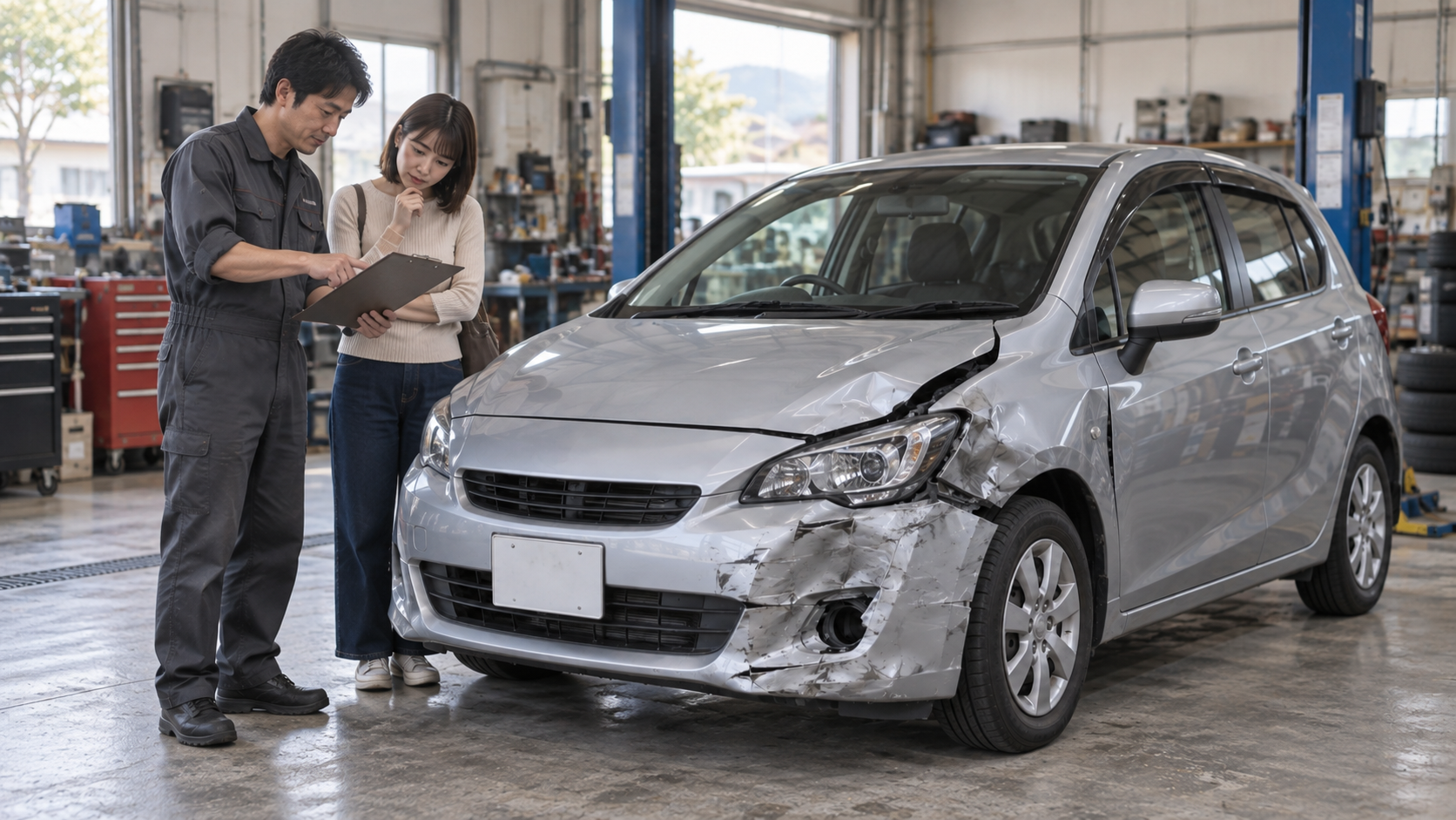 事故車を修理するか現状で売却するかを、修理工場で見積もりを見ながら考えるAI生成のイメージ画像