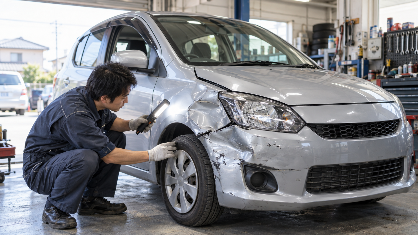損傷車の状態を整備工場で確認する