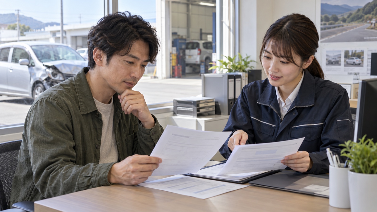 車の引き渡し後に、所有者とスタッフが手続き書類を確認する様子