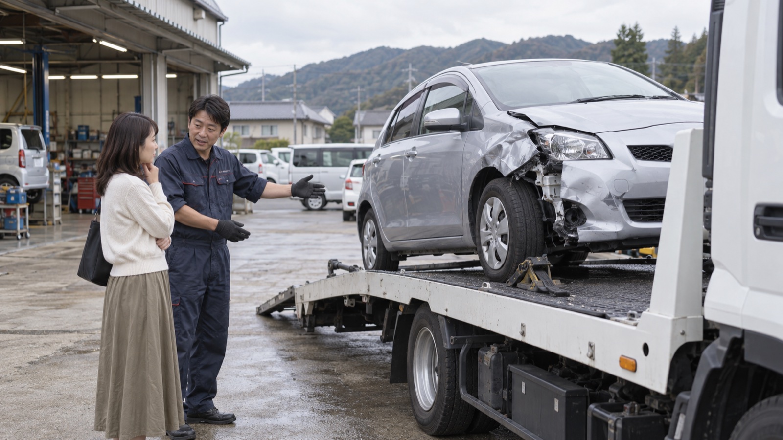 レッカー車で事故車を運び、スタッフが所有者に引き取りを説明する様子