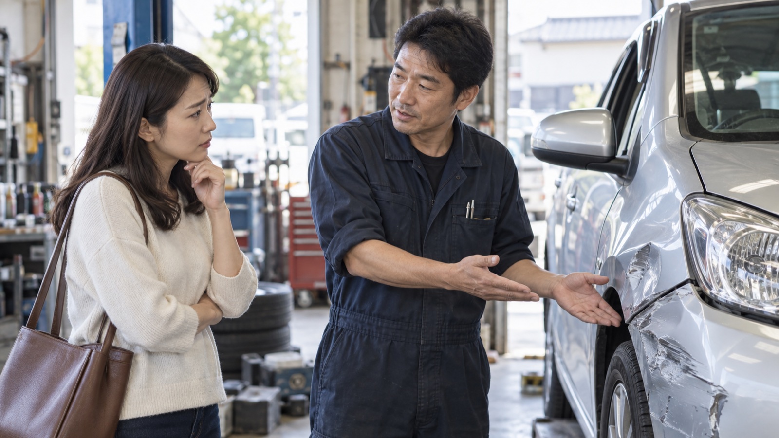 修理工場で損傷した車について整備士に相談する所有者