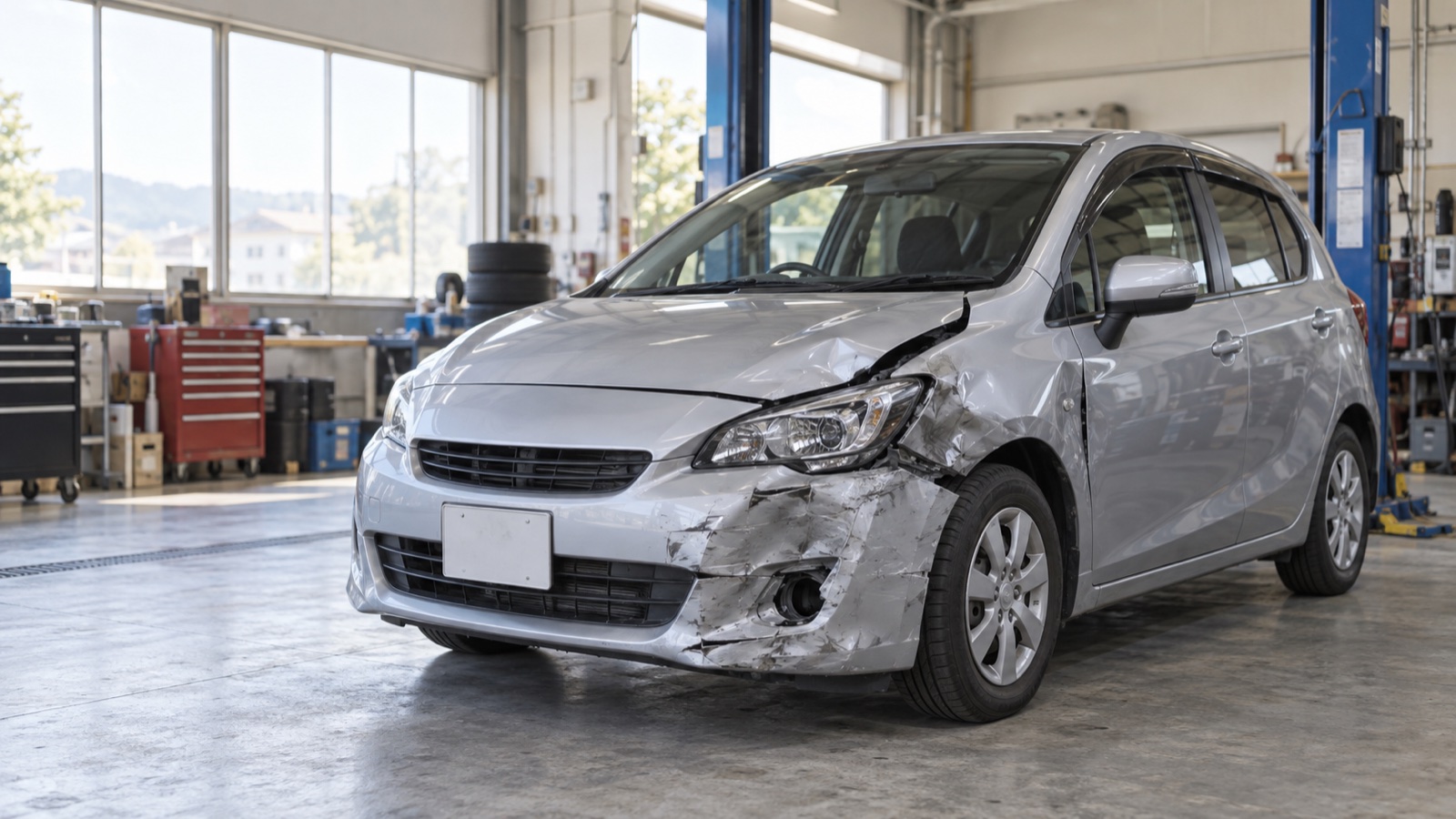 修理工場に停められた、前側面が損傷したシルバーのコンパクトカー