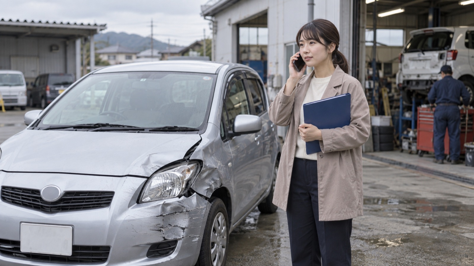 事故車のそばで保険会社に電話で相談する車の所有者