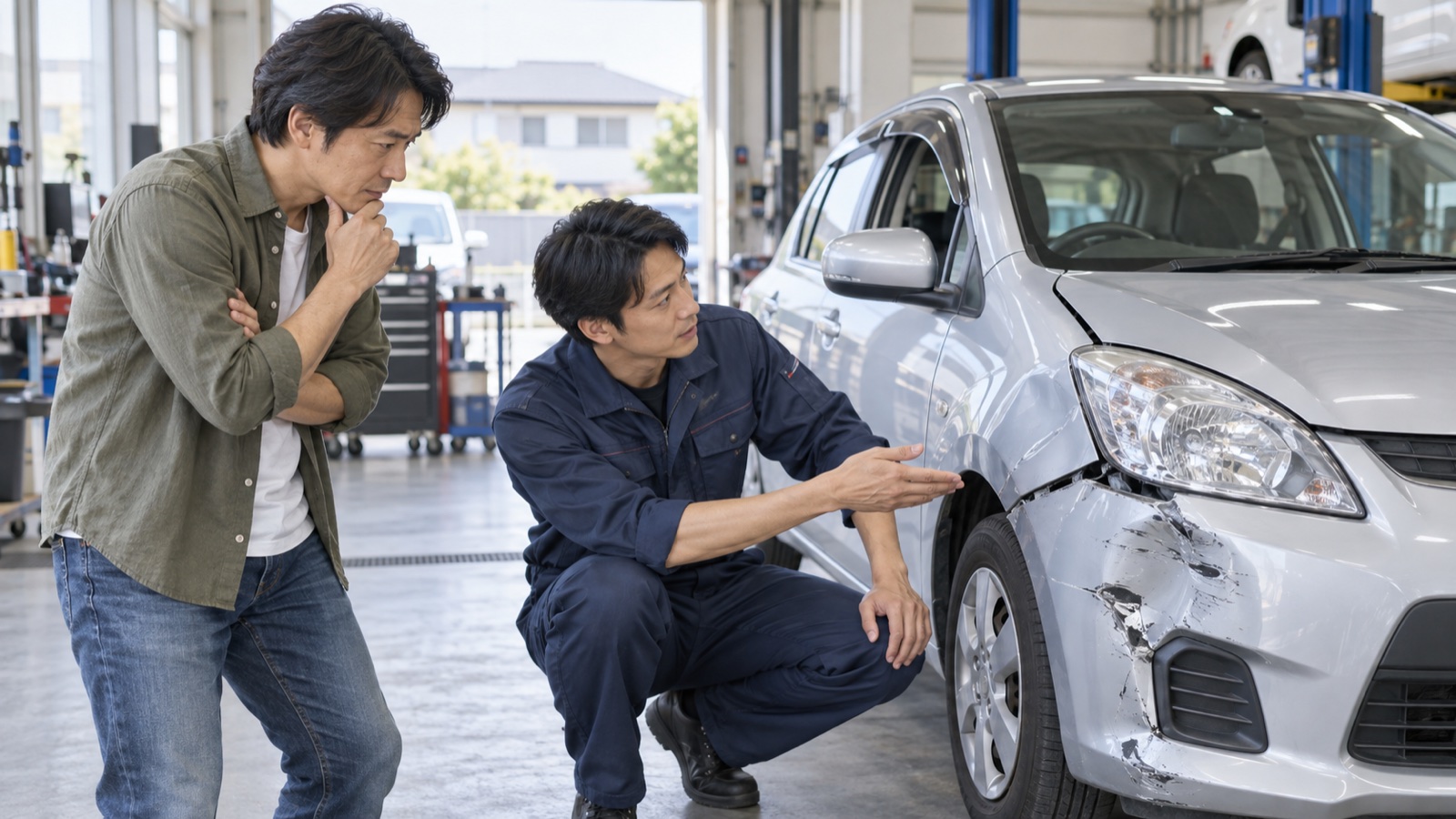 損傷したコンパクトカーを前に、修理工場の担当者から説明を受ける所有者