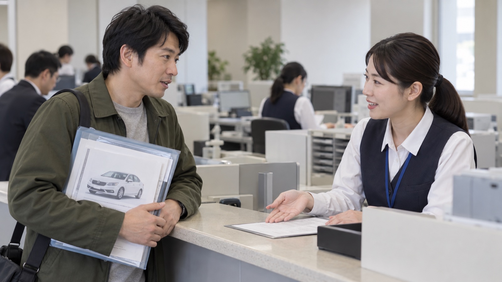 自動車登録の窓口で廃車に必要な書類について相談する所有者