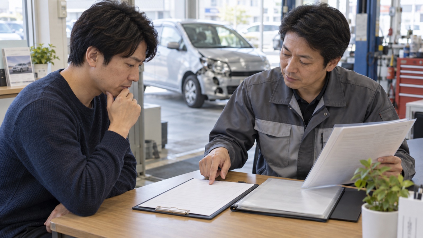 損傷した車を背景に、所有者と整備工場スタッフが見積書を確認する様子