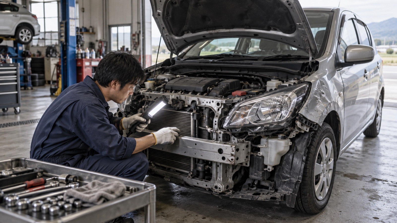 整備士が前部を損傷した車のエンジンルームを点検する様子
