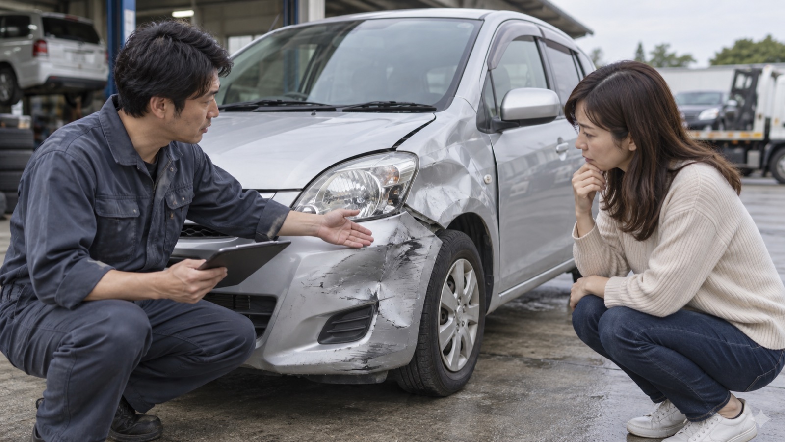 査定担当者と所有者が損傷したコンパクトカーを一緒に確認する様子