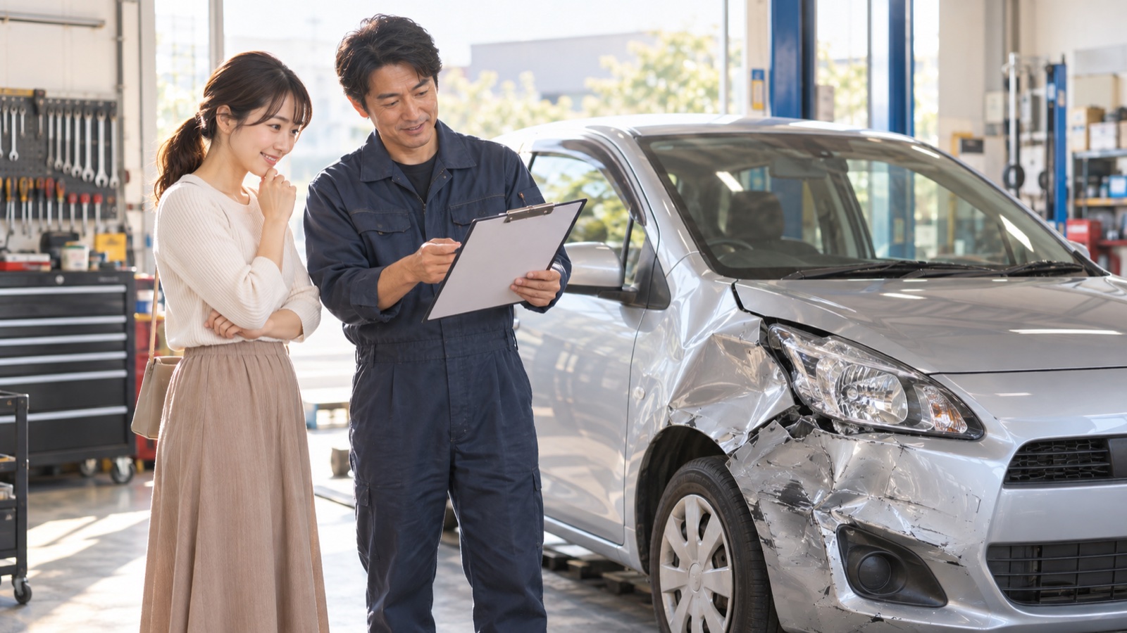 損傷した車のそばで、所有者と整備士が見積もりを見ながら今後を相談する様子