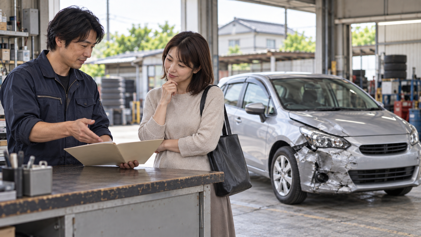 損傷した車の売却先について所有者と担当者が相談するAI生成のイメージ画像