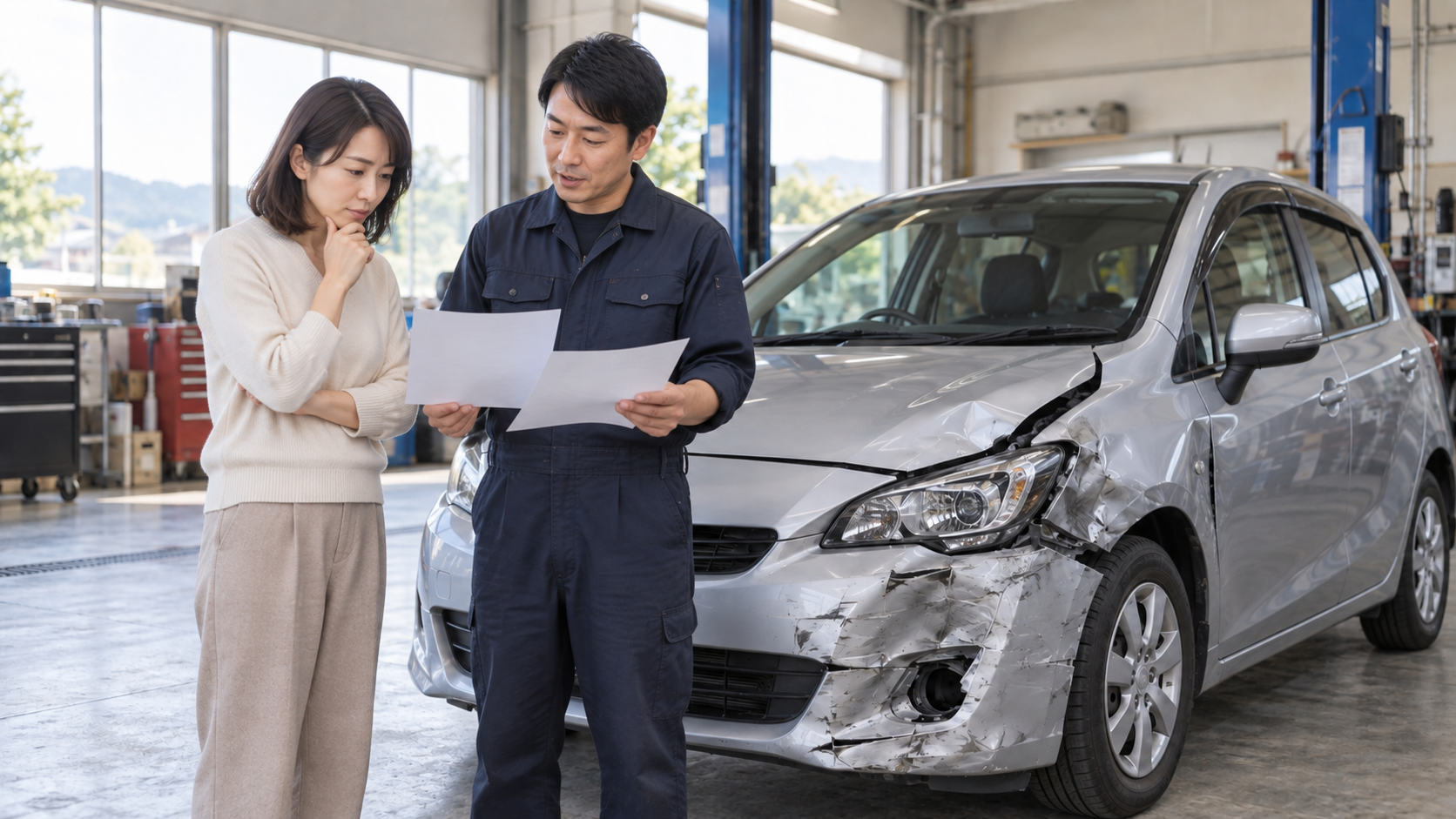 損傷した車の前で所有者と担当者が修理と売却の資料を確認するAI生成のイメージ画像