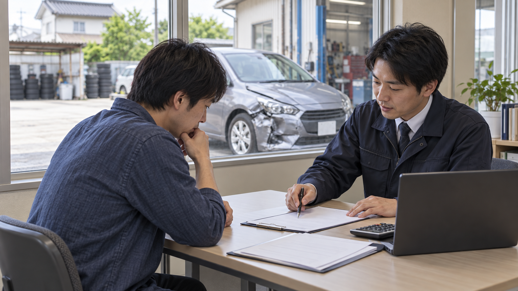 車の所有者と担当者が修理見積もりや保険書類を確認するAI生成のイメージ画像