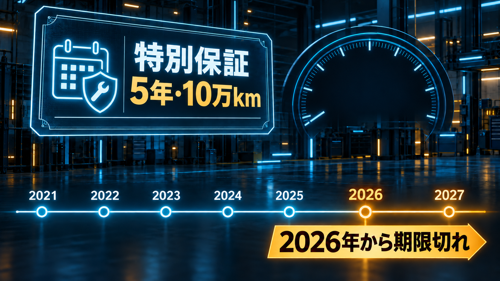 特別保証5年・10万kmと2026年からの期限到来を示すカレンダーと目盛りの概念図
