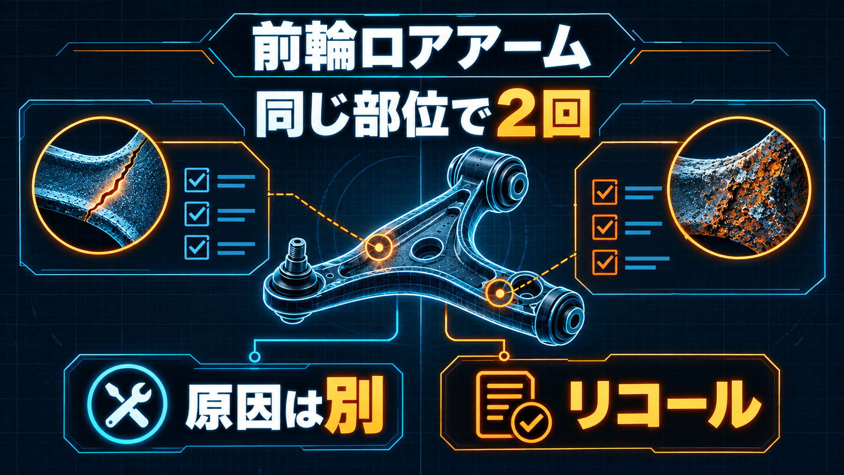 前輪ロアアームの同じ部位で原因の異なるリコールが2回あったことを示す概念図