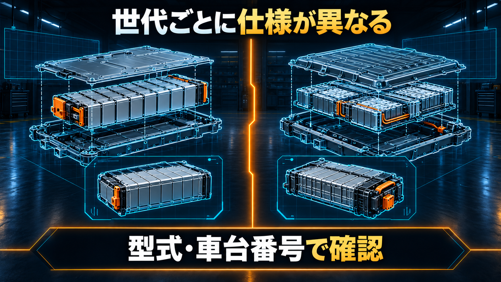 世代による電池仕様の違いと型式・車台番号での確認を示す概念図