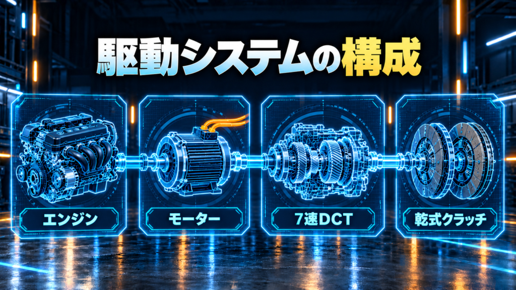 エンジン、モーター、7速DCT、乾式クラッチの関係を示す一般概念図