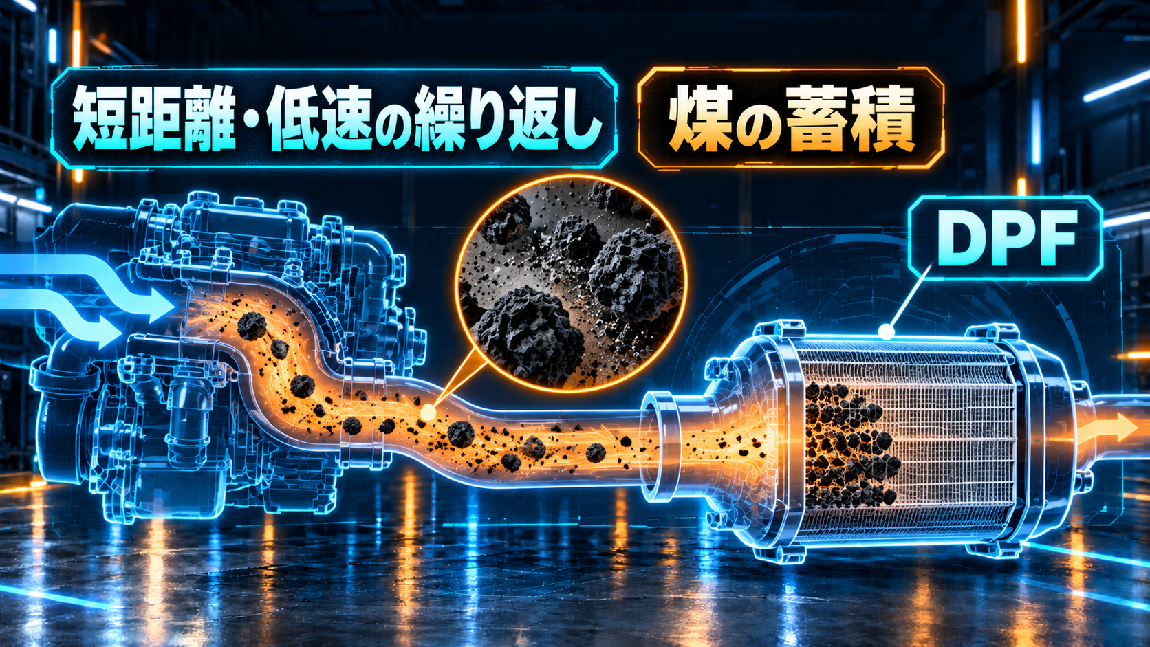 燃焼と排気系における煤の発生・確認箇所を示す概念図