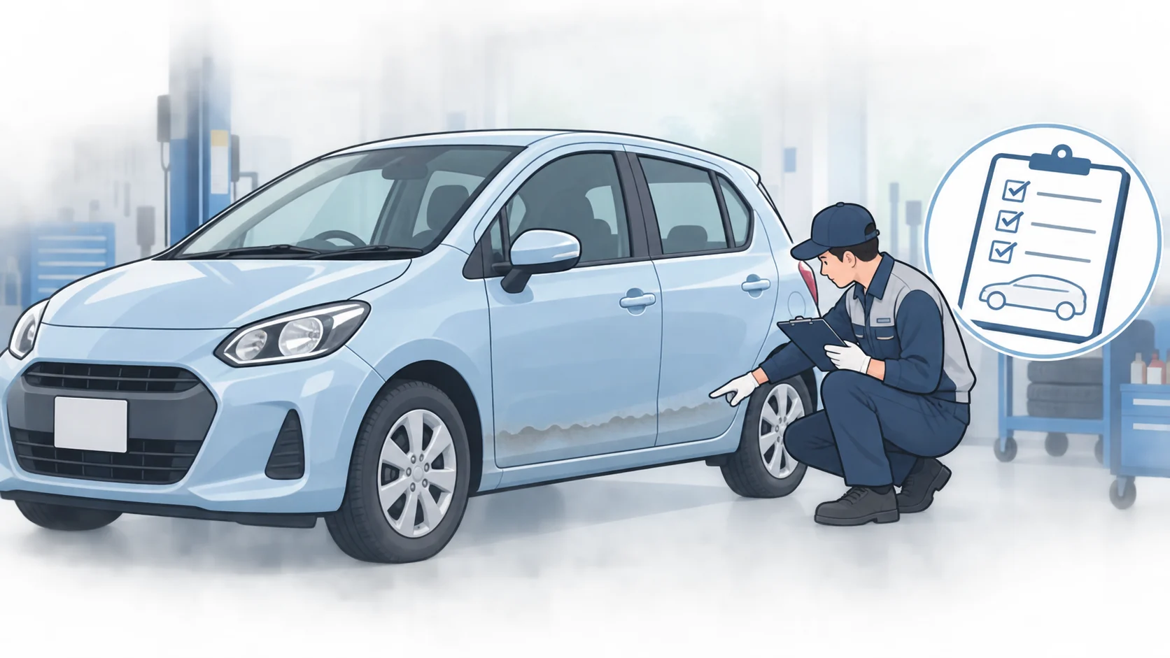 水没した可能性がある車を整備工場で専門家が点検し、浸水の程度と修理の可否を確認するイメージ