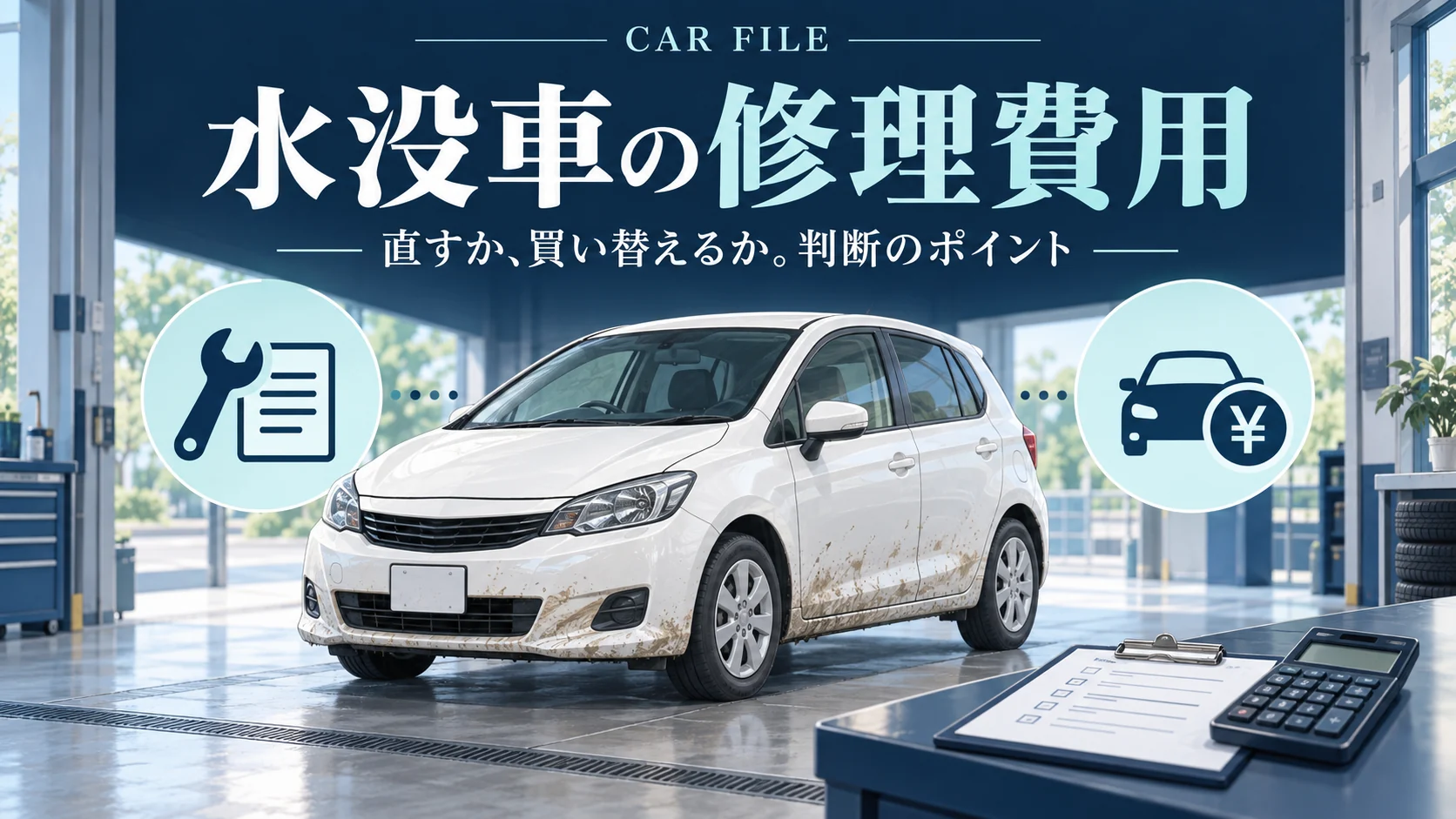 水没した車を点検し、修理費用と買い替えに必要な金額を比較する記事のイラスト
