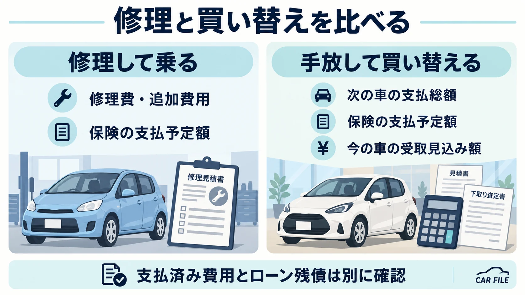 修理費・追加費用、次の車の支払総額、保険の支払予定額、今の車の受取見込み額を比較し、支払済み費用とローン残債は別に確認する図