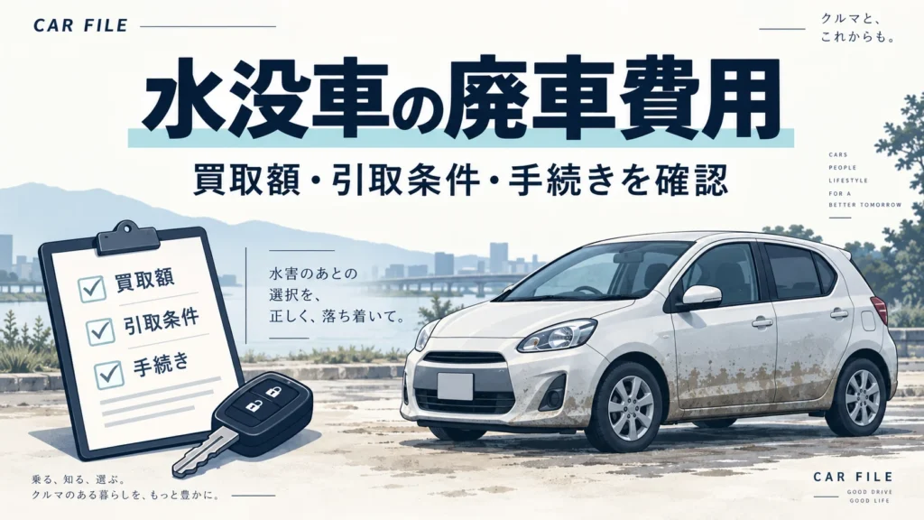 水没車の廃車費用について、買取額・引取条件・手続きを確認する記事のイラスト