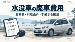 水没車の廃車費用について、買取額・引取条件・手続きを確認する記事のイラスト