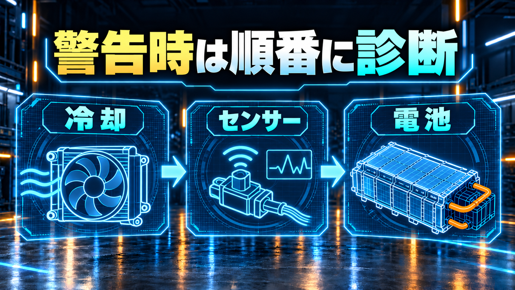 冷却、センサー、電池の順に状態を確認する概念図